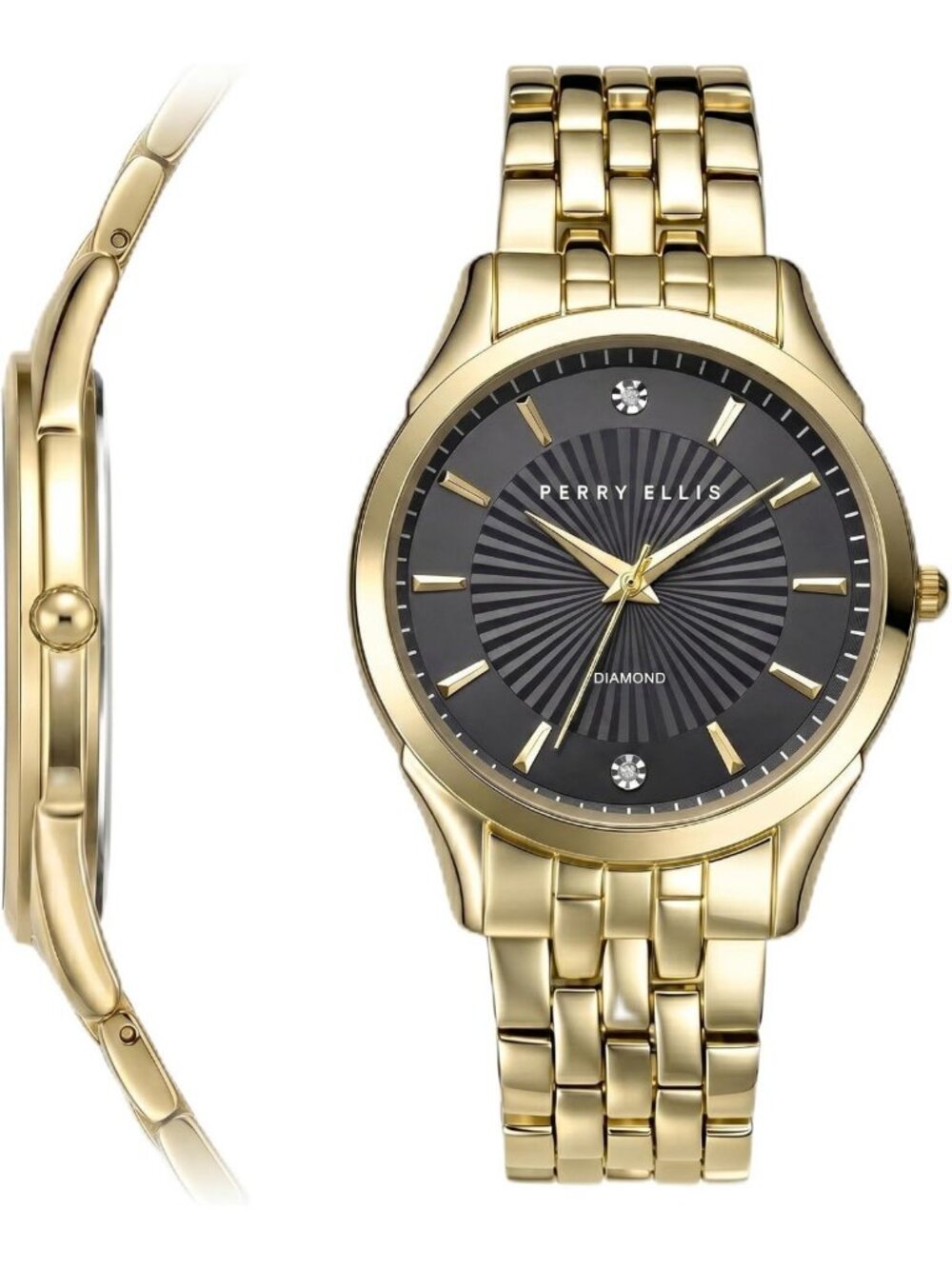Perry Ellis Ultra Slim Men’s Round Gold Watch 41mm Black Textured Dial Bracelet